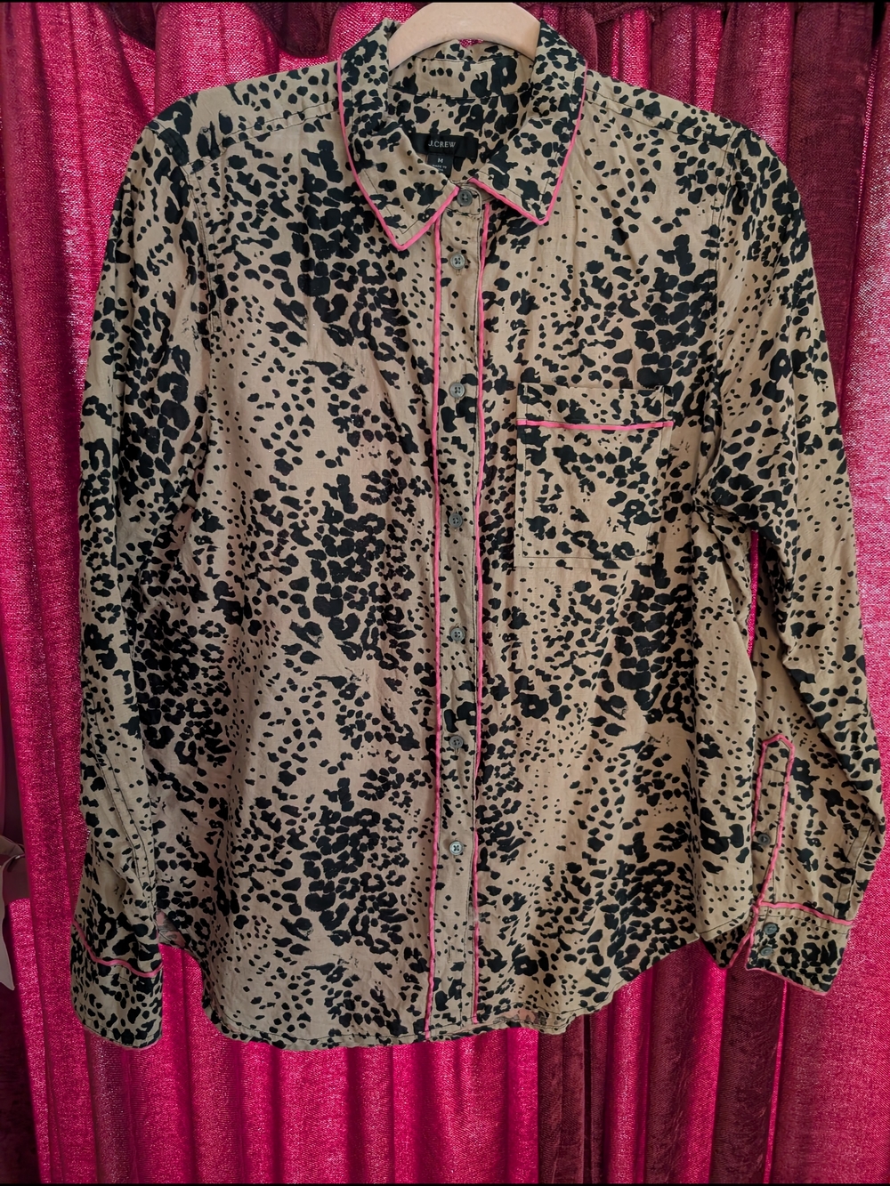 J. Crew Tan and Black Leopard Print Button-Down Shirt with Pink Piping